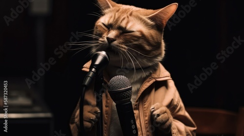 A Cat With Sunglasses Participating In a Poetry Slam. Generative AI photo