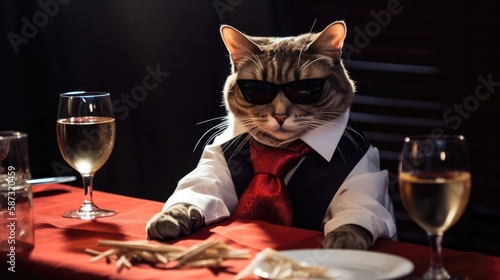 A Cat With Sunglasses Participating In a Murder Mystery Dinner. Generative AI