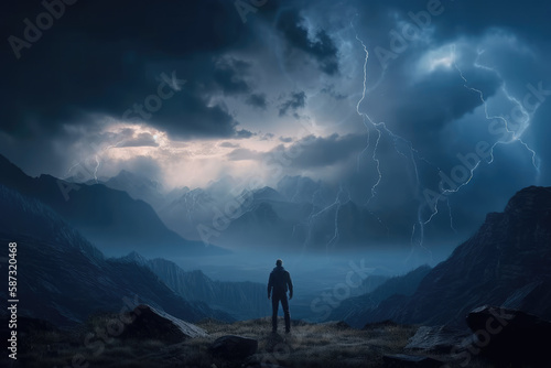 Silhouette of a man standing on top of a mountain and watching the beauty of the natural landscape in a thunderstorm and lightning. View of the mountains and forest during a storm. Generative AI.