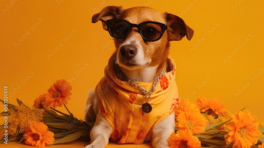 A Dog With Sunglasses Going To a Flower Arranging Workshop. Generative AI