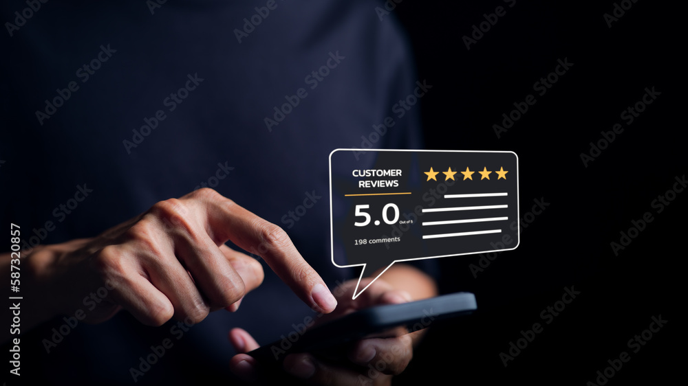 Man or User give rating to service excellent experience on a phone application. Client evaluate quality of service reputation ranking of business. Customer review satisfaction feedback survey concept. - obrazy, fototapety, plakaty 