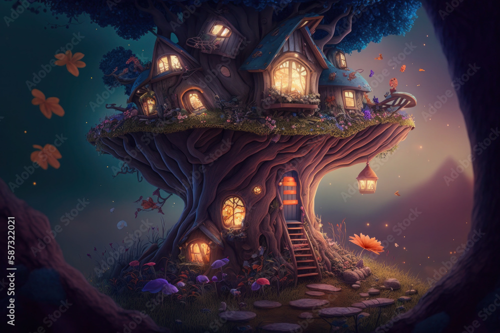 fantastic, fabulous tree house in the forest. glowing windows, mushrooms and butterflies. ai generative