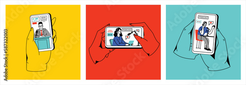 Concept of news, watching video online, podcast, talk show, tv application, live streaming. Hand holding smartphone with man with microphone on screen. Vector illustration in flat style