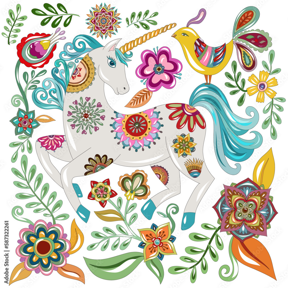 Fairy unicorn, a bouquet of flowers on a white background. Composition for postcard, poster, banner. Vector rustic and folk. Folk motifs of flowers. Fairy unicorn, a bouquet of flowers on a white background. Composition for postcard, poster, banner. Vector rustic and folk. Folk motifs of flowers.