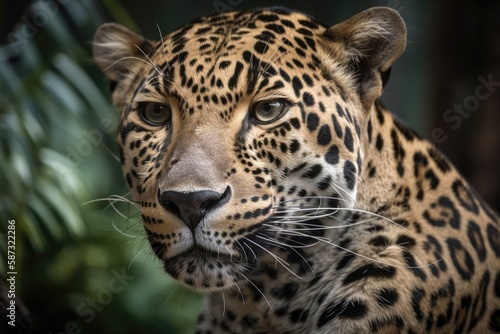 A close up of a leopard predator with a thick mustache. Generative AI © AkuAku