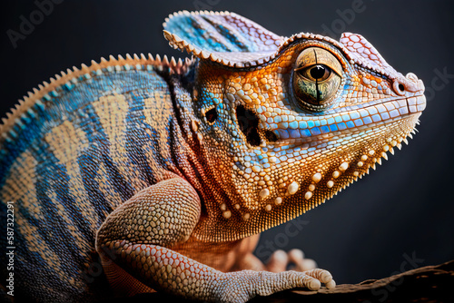 Close up side view of a chameleon with light brown and blue scales  made with generative ai