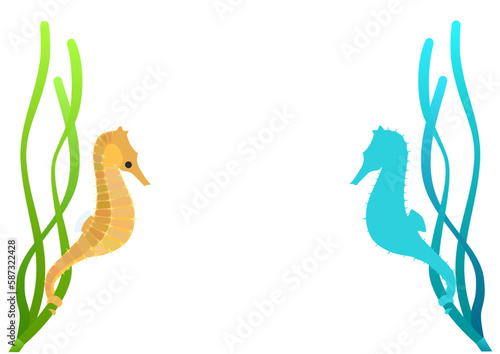 Seahorse with its tail wound around eelgrass. Set of colored illustrations and blue silhouettes.