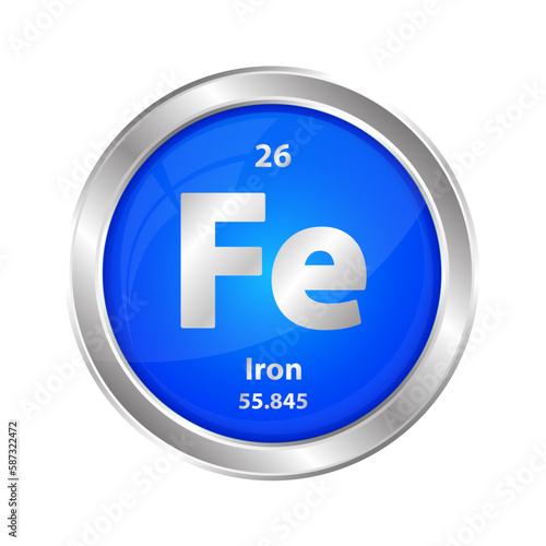 Icon structure Iron, Ferrum (Fe) chemical element round shape circle blue. Chemical element of the periodic table. Sign with atomic number. Study in science for education. 3D vector illustration.	