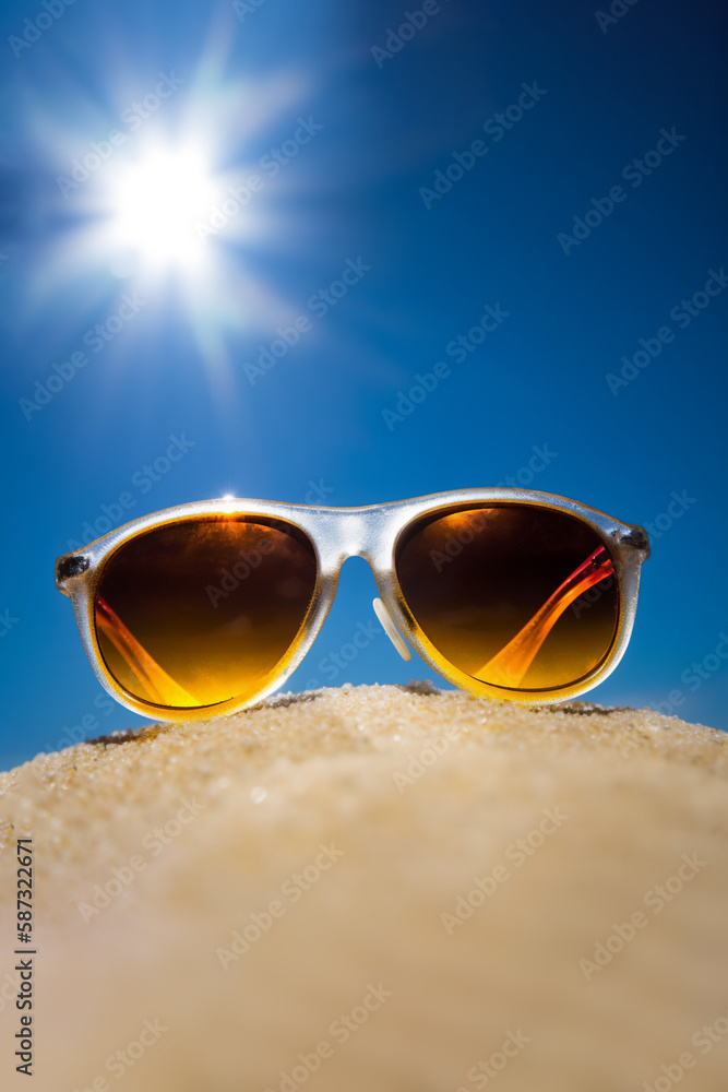 Sunglasses on the beach. Generative AI illustration. . Sunglasses on the beach. Generative AI illustration. .