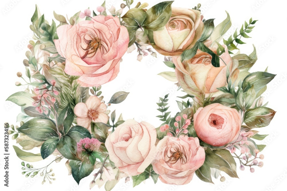 delicate watercolor wreath with pink roses and greenery. Generative AI delicate watercolor wreath with pink roses and greenery. Generative AI