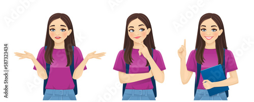 Young female student in different poses with backpack and book frustrated, thinking and making idea pointing up isolated on white background vector illustration