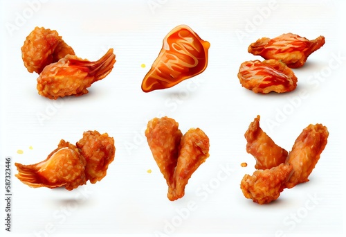 Set Of Fried Chicken Wings Isolated On White Background, Image Ai Generate. Generative AI