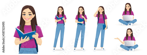 Young female student in different poses with backpack standing holding book and sitting with laptop isolated vector illustration photo