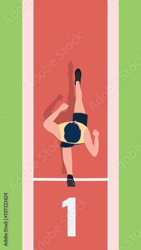 A man is running in a track and is wearing a blue shirt. Man on running track. Top view of running track.