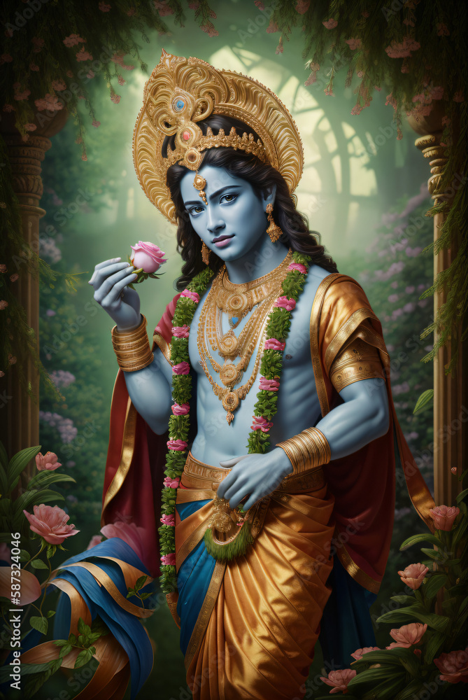 Portrait of Lord Krishna wearing a a crown with peacock feathers. Generative AI.
Portrait of Lord Krishna wearing a a crown with peacock feathers. Generative AI.
