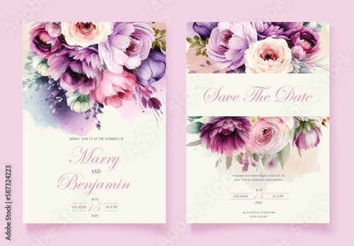 Wedding vector floral invite invitation thank you, rsvp card watercolor design set: garden flower pink peach Roses