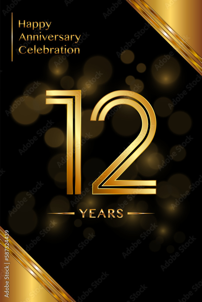 12th Anniversary template design with double line numbers. Golden