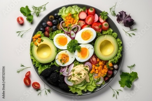 Top View, Colorful Round Plate On White Background With Avocado Egg Salad. Generative AI