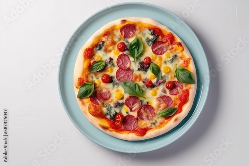 Top View, Colorful Round Plate On White Background With Pizza. Generative AI