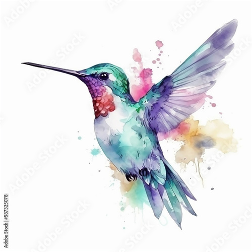 Fotografia Blue watercolor flying hummingbird. AI generated content