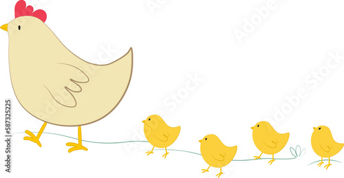 Vector illustration of orange chicken and little yellow chicks characters in cartoon style. Digital  clipart with farm hen and chicks for Easter design