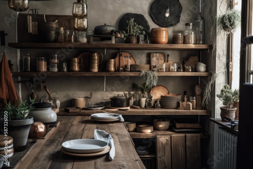 A rustic kitchen's cozy interior. Hardwood shelves, porcelain dishes, cutlery, and rustic kitchen accessories. High resolution image. Generative AI