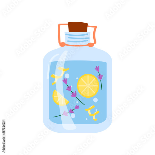 Glass jar with lid in flat style isolated on white background. Eco-friendly detergent - vinegar with lemon and lavender, saving.
