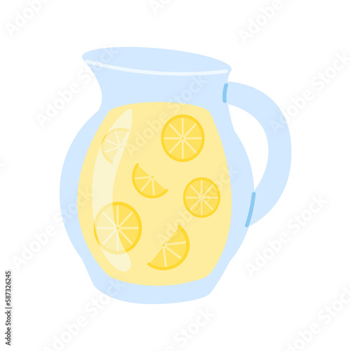 Glass jug with lemonade and ice on a white background. Refreshing summer drinks.