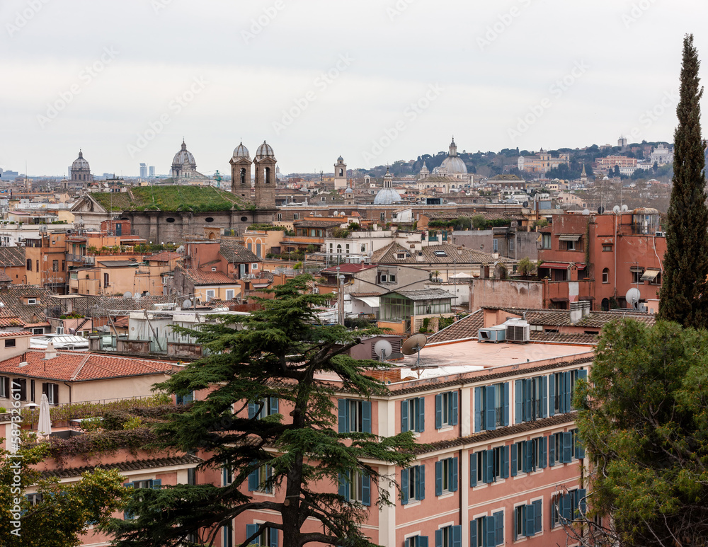 Panorama or view of roofs of Rome. Selective focus