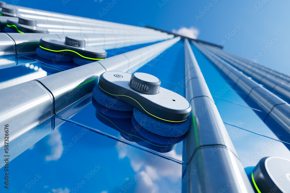 Smart automatic robots clean big glass windows. Big building windows washing.