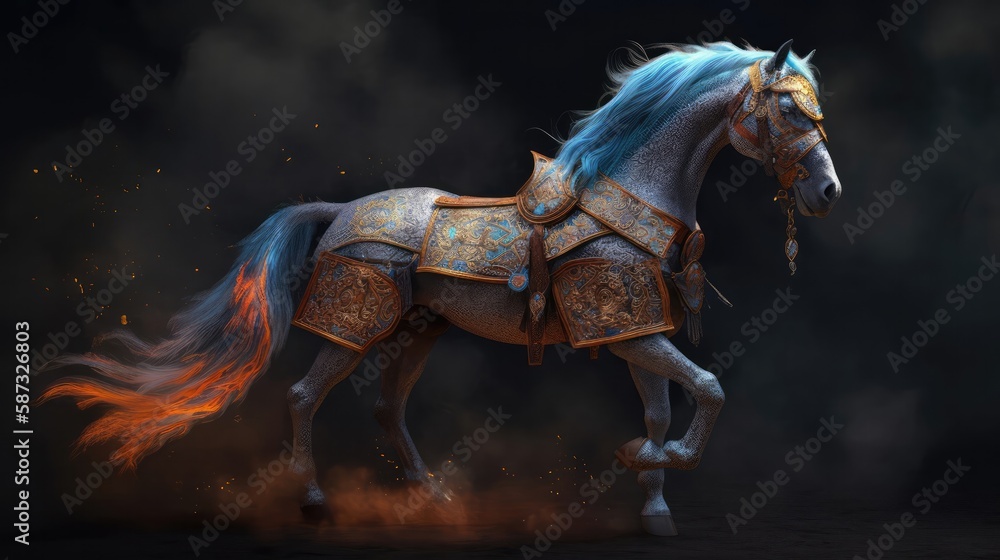 Fire Running Horse, Clothing In Indian Style With Ornate Glowing Blue Elements, Smoke And Dust Background. Generative AI