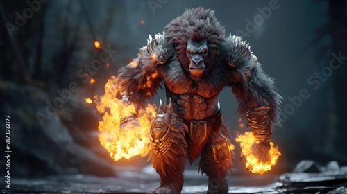 Gorilla Running, Fire Ornate Clothing, Fiery Eyes. Generative AI