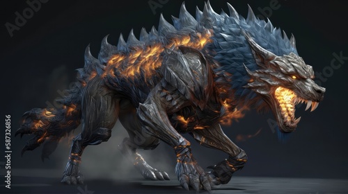 Hellhound Running, Fire Ornate Clothing, Fiery Eyes. Generative AI © Ян Заболотний