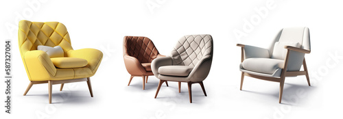 collection Set of retro vantage armchairs cutouts single seat sofas isolated on transparent background - Generative AI photo