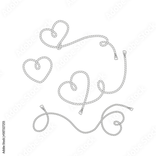 Valentines Day Wild west rodeo love heart rope lasso vector illustration set isolated on white. Howdy St Valentine Day colouring page hearts knot print collection.