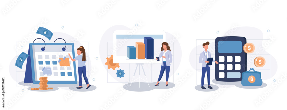 Planning financial budget isolated set. Accounting analysis and savings. People collection of scenes in flat design. Vector illustration for blogging, website, mobile app, promotional materials. Planning financial budget isolated set. Accounting analysis and savings. People collection of scenes in flat design. Vector illustration for blogging, website, mobile app, promotional materials.