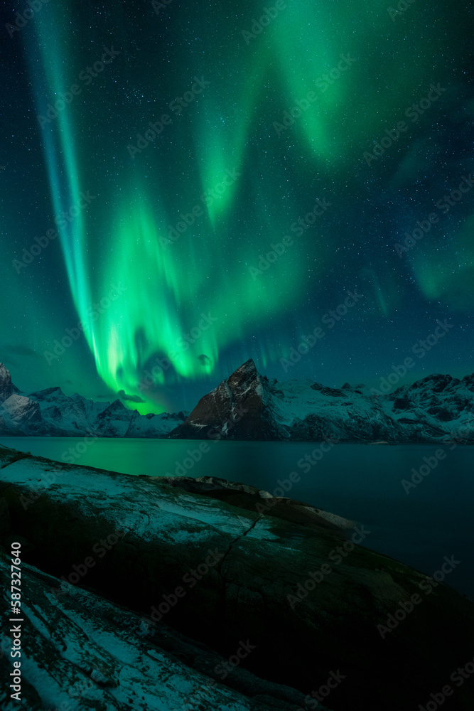 Northern lights or Aurora Borealis over Lofoten Islands in Northern Norway. High quality photo