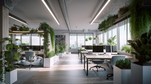 Eco-friendly office with natural lighting and indoor plants, AI generative © Friedbert