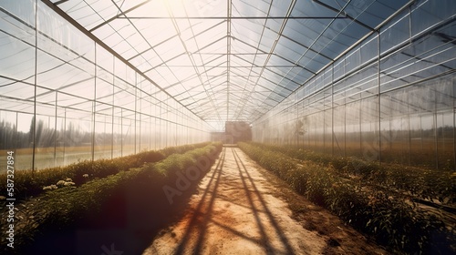 Modern industrial greenhouses, agriculture landscape, sunny day, vanishing point, AI generative futuristic vegetable production concept art