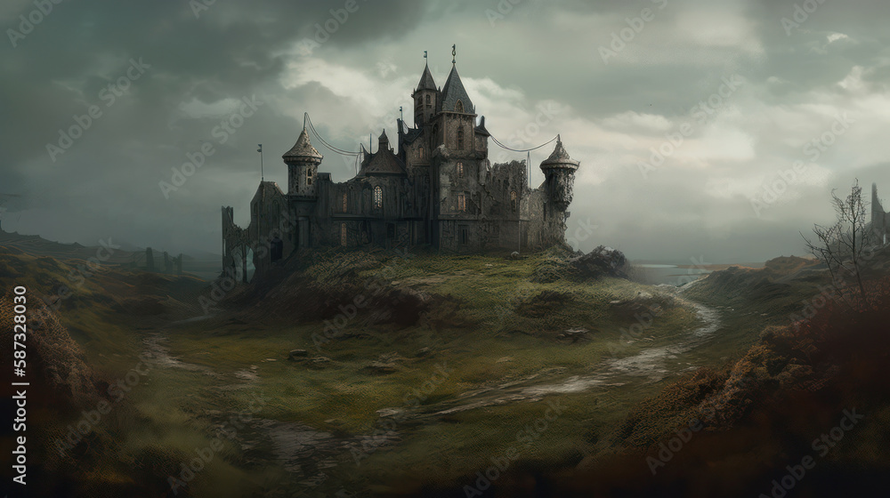 Abandoned Medieval Castle Ruins in the Moor, Concept Art, Digital Illustration, Generative AI