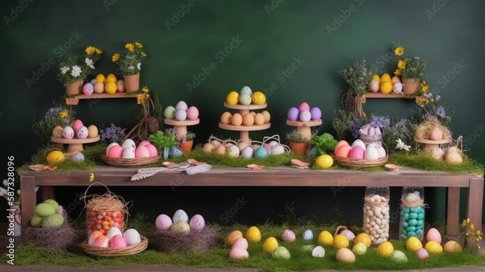 easter eggs decorative setting on a table