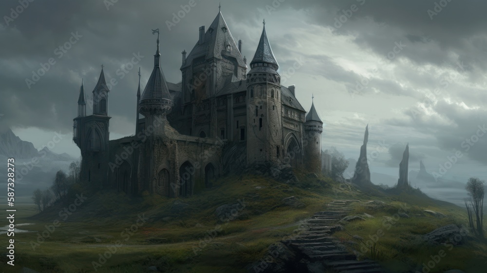 Abandoned Medieval Castle Ruins in the Moor, Concept Art, Digital Illustration, Generative AI