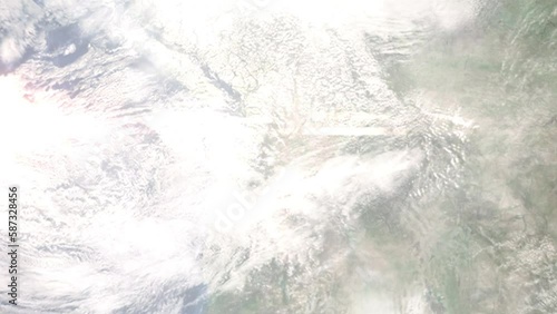 Earth zoom in from outer space to city. Zooming on Yakima, Washington, USA. The animation continues by zoom out through clouds and atmosphere into space. Images from NASA photo