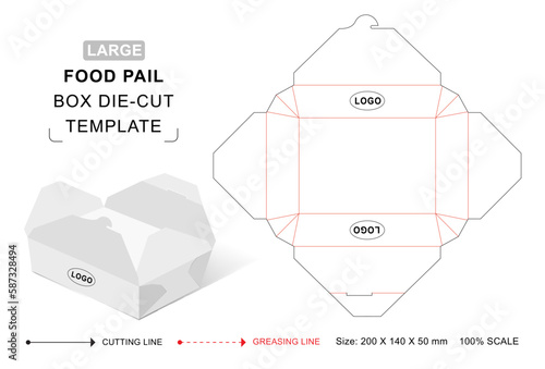 Large food pail box die cut template with 3D blank vector mockup for food packaging