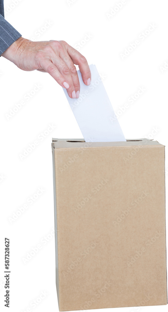 Close-up of businesswoman putting ballot in vote box Close-up of businesswoman putting ballot in vote box