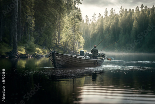 A man on a boat fishing a rod in a river surrounded by woods, a man's hobby is fishing. Generative AI