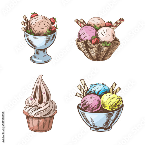 A hand-drawn colored sketch of  ice cream or frozen yoghurt in cups. Vintage illustration. Set. Element for the design of labels, packaging and postcards.