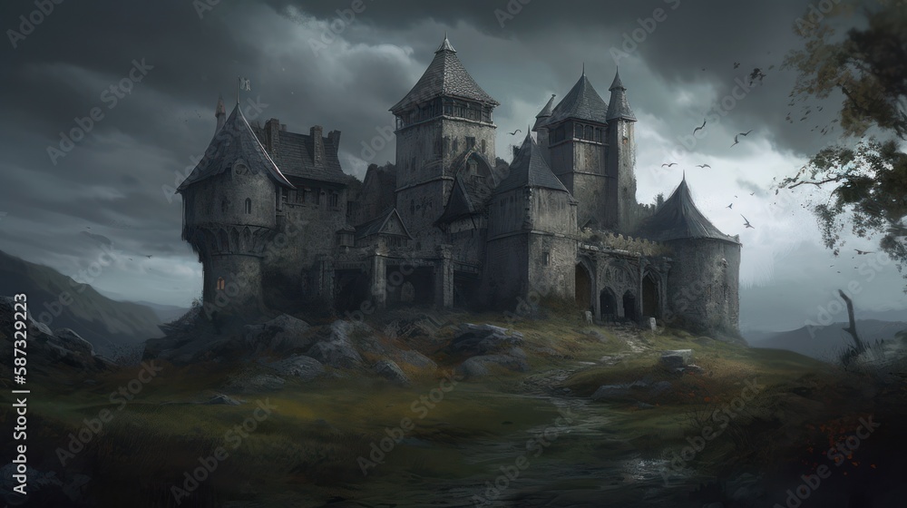 Abandoned Medieval Castle Ruins in the Moor, Concept Art, Digital Illustration, Generative AI Abandoned Medieval Castle Ruins in the Moor, Concept Art, Digital Illustration, Generative AI