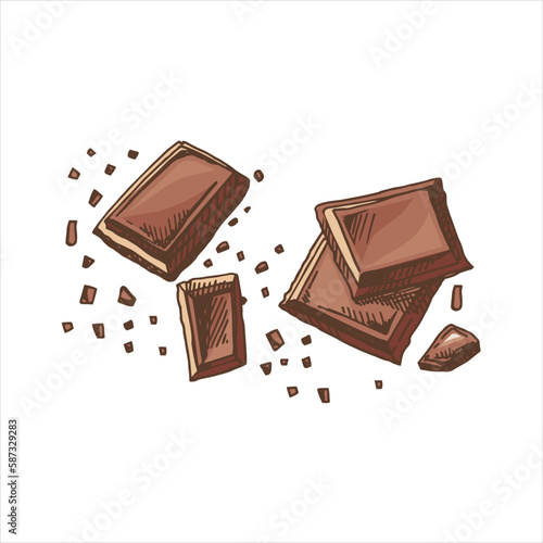 A hand-drawn colored sketch of pieces of chocolate bars. Vintage illustration. Element for the design of labels, packaging and postcards.