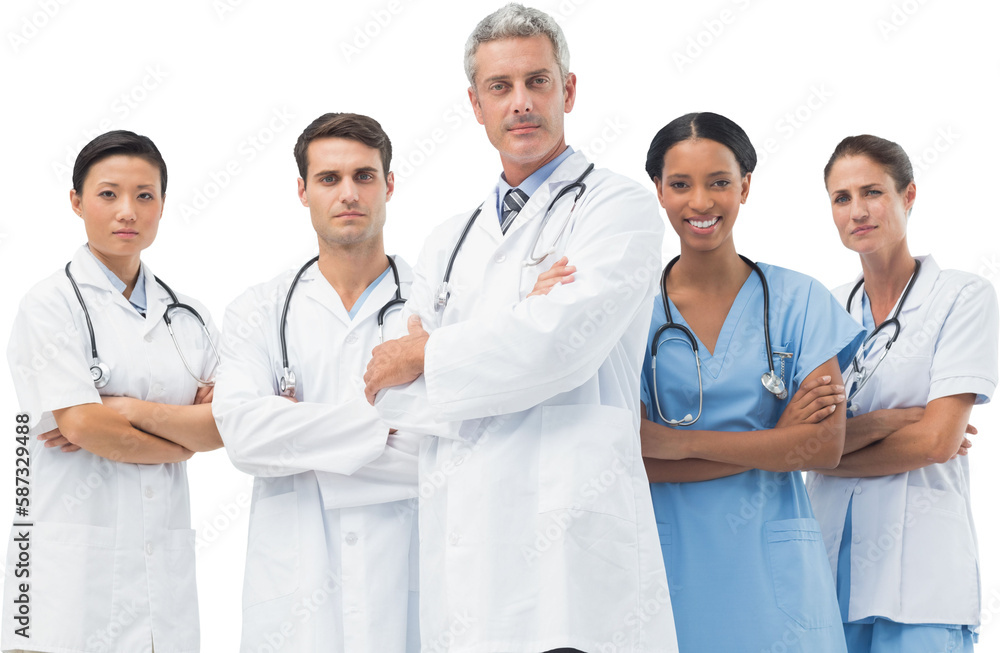 Portrait of confident male doctor with medical team Portrait of confident male doctor with medical team